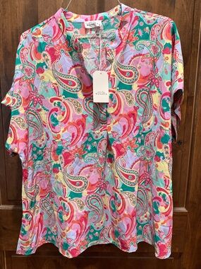 Wonder Multicolor Paisley Split-Neck Blouse - Pink & Teal